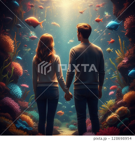 後ろ姿のカップル 大水槽でジンベイザメとマンタが泳ぐ水族館、夏休みの感動体験  ファンタジー 128698954