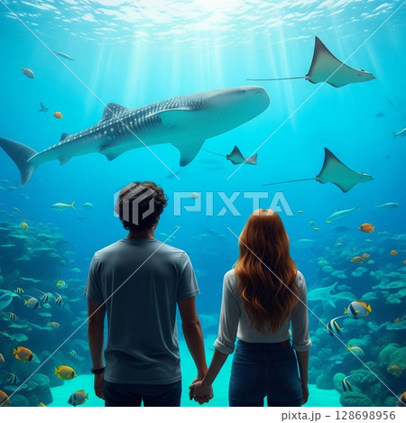 後ろ姿のカップル 大水槽でジンベイザメとマンタが泳ぐ水族館、夏休みの感動体験 大人のデート 128698956