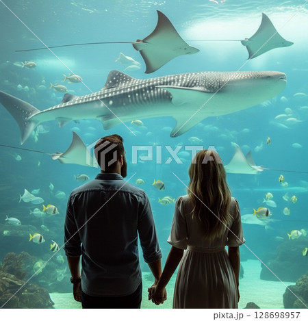 後ろ姿のカップル 大水槽でジンベイザメとマンタが泳ぐ水族館、夏休みの感動体験 大人のデート 後ろ姿のカップル 大水槽でジンベイザメとマンタが泳ぐ水族館、夏休みの感動体験 大人のデート 128698957