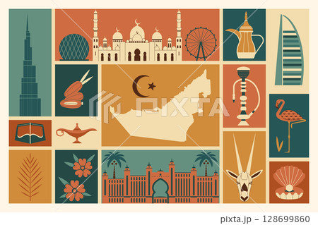 UAE Travel Poster with National Symbols and Landmarks UAE Travel Poster with National Symbols and Landmarks 128699860