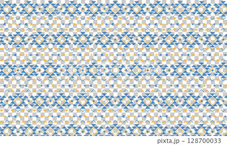 橙色和藍色的原生圖案背景,帶有三角形、菱形和箭頭 橙色和藍色的原生圖案背景,帶有三角形、菱形和箭頭 128700033