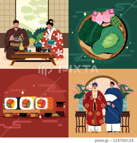 Asian Culture Hand drawn Flat Composition Collection Asian Culture Hand drawn Flat Composition Collection 128700128