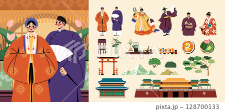 Flat Traditional Asian Culture Illustration Set 128700133