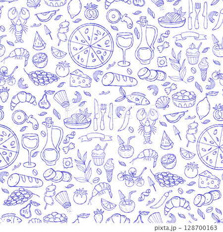 Mediterranean Seamless pattern with food and drink, beach vacation on white background. Dolce vita aesthetics. Outline blue Vintage Summer minimal backdrop in Hand drawing sketch. Not AI 128700163