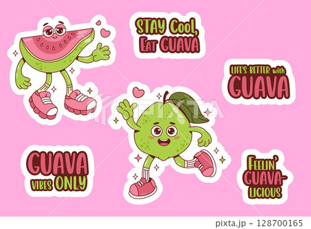 Pink Guava Fruit Groovy Character stickers set with cool slogan. Isolated tropical Funny retro hero product Tree. Vector illustration. Kids Collection Pink Guava Fruit Groovy Character stickers set with cool slogan. Isolated tropical Funny retro hero product Tree. Vector illustration. Kids Collection 128700165