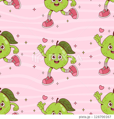 Seamless Pattern Guava Groovy Character on pink Distorted Stripe Background. Funny retro hero fruit with heart. Trendy backdrop. Vector illustration Seamless Pattern Guava Groovy Character on pink Distorted Stripe Background. Funny retro hero fruit with heart. Trendy backdrop. Vector illustration 128700167