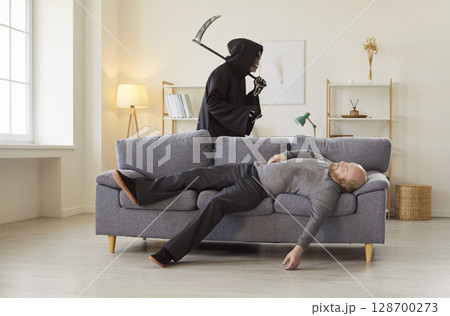 Death coming to old senior man at home, finding new victim, male panic attack 128700273
