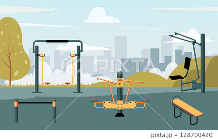 Outdoor gym equipment in city park with pull up bars, benches, machines for public training. Promotes community fitness healthy lifestyle. Ideal for wellness, sport and urban planning. Flat vector Outdoor gym equipment in city park with pull up bars, benches, machines for public training. Promotes community fitness healthy lifestyle. Ideal for wellness, sport and urban planning. Flat vector 128700420
