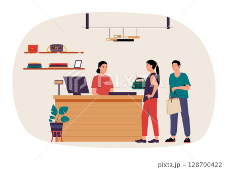 Customers paying for handbag at checkout in fashion accessories store. Retail service image. Fashion, commerce and lifestyle themes. Shopping app user interface design. Flat vector illustration 128700422