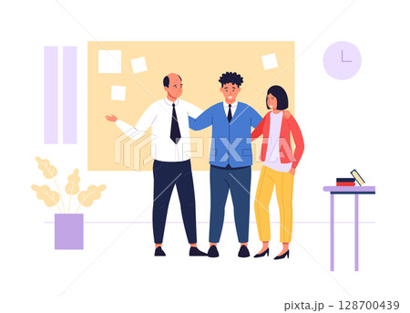 Group of office workers hugging each other celebrating successful teamwork standing together near bulletin board with notes. Teamwork, positive workplace culture. Flat vector illustration 128700439