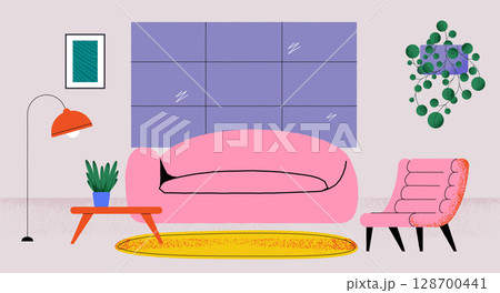 Stylized living room interior with pink sofa and armchair, houseplants, lamp and coffee table, abstract picture on wall in bright colors. Cozy home atmosphere. Colorful flat vector illustration Stylized living room interior with pink sofa and armchair, houseplants, lamp and coffee table, abstract picture on wall in bright colors. Cozy home atmosphere. Colorful flat vector illustration 128700441