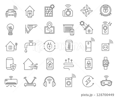 Smart home icon set. Technology connecting smart home appliances, cars, gadgets and devices wireless technology environment. Systems controlled by AI. Line vector illustration 128700449