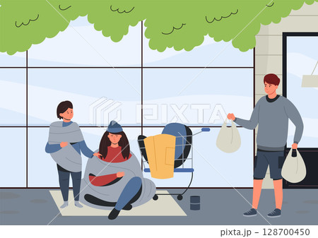 Volunteer offering food bags to homeless family. Mother and child sitting on street covered with blankets. Urban poverty, support, social issue. Flat cartoon vector illustration Volunteer offering food bags to homeless family. Mother and child sitting on street covered with blankets. Urban poverty, support, social issue. Flat cartoon vector illustration 128700450