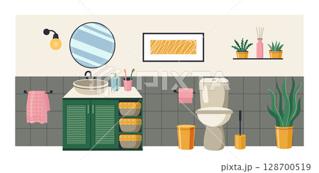 Bathroom interior with sink cabinet, mirror, toilet, towels, plants and hygiene products. Restroom design, clean and organized space. Flat cartoon vector illustration 128700519