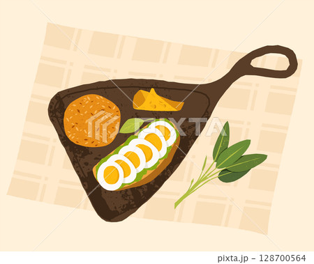 Toasted bread with slices of boiled egg, cheese, guacamole and sage leaves on rustic wooden cutting board atop checkered tablecloth. Healthy breakfast. Organic food concept. Flat vector illustration 128700564