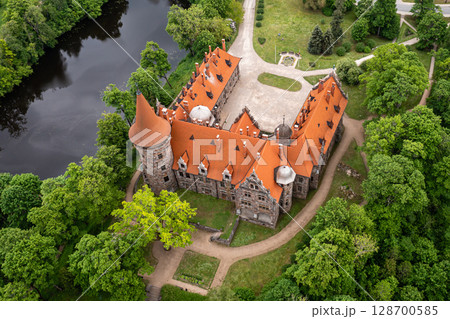 Cesvaine medieval castle in Latvia from above. Building of stones with a brown tiled roof. Cesvaine medieval castle in Latvia from above. Building of stones with a brown tiled roof. 128700585