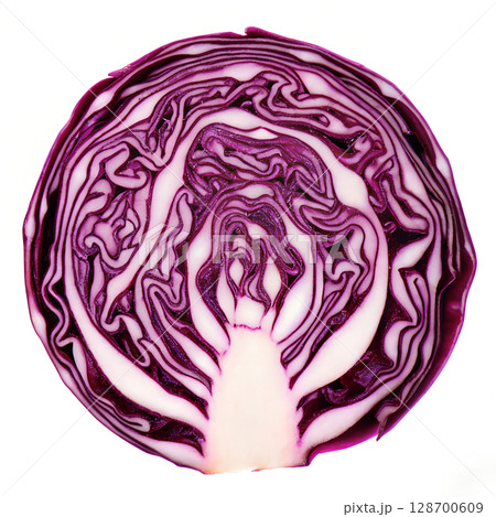 Detailed cross-section of vibrant red cabbage revealing intricate layered patterns and textures, showcasing fresh produce. 128700609