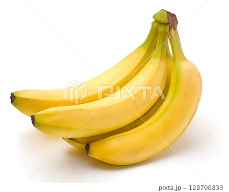 A bunch of ripe yellow bananas isolated on a clean white background, showcasing their smooth texture and natural curvature for healthy eating concepts. A bunch of ripe yellow bananas isolated on a clean white background, showcasing their smooth texture and natural curvature for healthy eating concepts. 128700833
