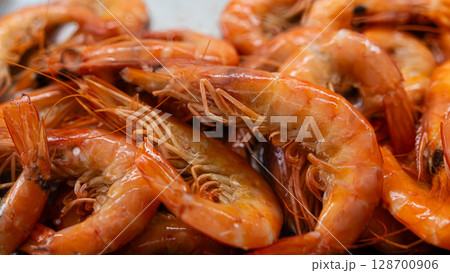 Freshly cooked shrimp ready for serving at a coastal seafood market in the afternoon Freshly cooked shrimp ready for serving at a coastal seafood market in the afternoon 128700906