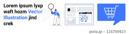 A person holding a circle, a webpage layout with various info, and a blue shopping cart in a dialog box. Ideal for e-commerce, web design, user interface, marketing, analytics, creative design A person holding a circle, a webpage layout with various info, and a blue shopping cart in a dialog box. Ideal for e-commerce, web design, user interface, marketing, analytics, creative design 128700923