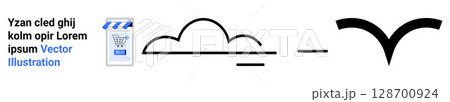 Minimalistic design with clouds, abstract text, and a shopping cart icon. Ideal for online stores, weather apps, text illustrations, e-commerce themes, minimalist designs, app interfaces, and digital 128700924