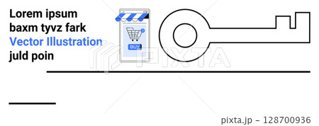 Digital shopping cart icon with a BUY button, storefront awning, and a large key symbol. Ideal for online shopping, cybersecurity, e-commerce websites, digital marketing, password management, virtual 128700936