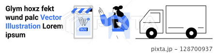 Woman shopping online, store interface with cart icon, and delivery truck. Ideal for e-commerce, delivery services, online shopping, logistics, retail, order tracking, business websites. Landing page 128700937