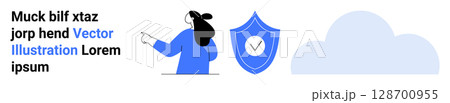 Woman in blue pointing towards a shield icon with check mark, cloud background. Ideal for cybersecurity, cloud computing, data protection, online security, IT services, technology solutions Woman in blue pointing towards a shield icon with check mark, cloud background. Ideal for cybersecurity, cloud computing, data protection, online security, IT services, technology solutions 128700955