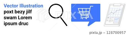 Magnifying glass, chat bubble with shopping cart icon, clipboard with analytics graph. Ideal for e-commerce, shopping, search optimization, analytics, marketing, SEO, online retail. Landing page 128700957