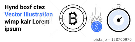 Circular Bitcoin symbol, stack of falling coins with dollar sign, stopwatch graphics alongside placeholder text. Ideal for cryptocurrency, finance, speed, digital transactions, time management Circular Bitcoin symbol, stack of falling coins with dollar sign, stopwatch graphics alongside placeholder text. Ideal for cryptocurrency, finance, speed, digital transactions, time management 128700970