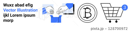 Two hands exchanging coins, Bitcoin symbol, shopping cart with notification. Ideal for online shopping, cryptocurrency, digital transactions, e-commerce, finance, technology, modern retail. Landing Two hands exchanging coins, Bitcoin symbol, shopping cart with notification. Ideal for online shopping, cryptocurrency, digital transactions, e-commerce, finance, technology, modern retail. Landing 128700972