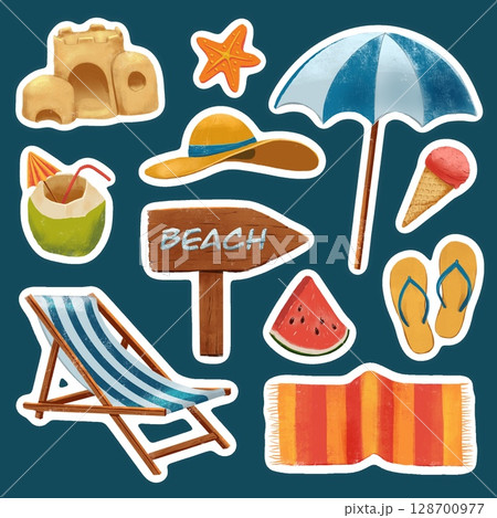 Set of stickers with beach images, sea illustrations for your design 128700977