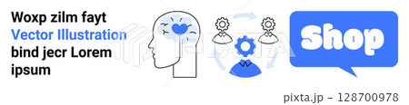 Head outline with heart symbol brain, settings gear with cogwheel, shop icon in bubble speech. Ideal for customer service, online shopping, support, mental health, e-commerce. Banner for landing page 128700978