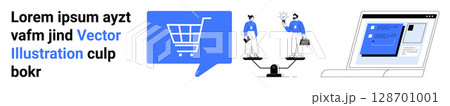 Blue and black shopping cart in a speech bubble, scale with two people in suits holding bags, and laptop with a screen. Ideal for e-commerce, online shopping, balance, decision making, technology 128701001