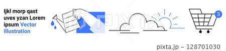 Hand holding document with dripping water, cloud with rising sun, and shopping cart with notification badge. Ideal for digital marketing, online shopping, document management, weather forecasting 128701030