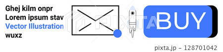 Email envelope, rocket icon, and blue buy button represent online communication, startup, e-commerce, and user actions. Ideal for digital marketing, e-commerce, startups, online services, business 128701042