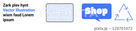 Three clean and simple images a brick pattern, a Shop button in a speech bubble, and a recycling symbol Ideal for e-commerce sites, sustainability themes, construction services, digital content 128701072