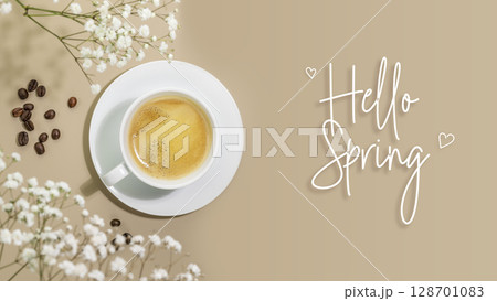 Romantic spring card with Branches of blossoming white gypsophila flowers, cup of natural coffee and coffee beans on beige background with inscription Hello Spring. Spring time concept. Soft focus 128701083