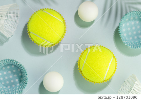Summer sport activities card with tennis balls, table tennis balls and shuttlecocks on blue background with palm leaves and shadows. Sport and healthy lifestyle. Tennis, table tennis, badminton Summer sport activities card with tennis balls, table tennis balls and shuttlecocks on blue background with palm leaves and shadows. Sport and healthy lifestyle. Tennis, table tennis, badminton 128701090