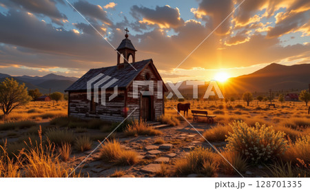 Abandoned chapel stands quiet wasteland, bathed warm glow of sunset. serene landscape features tall grasses and distant 128701335