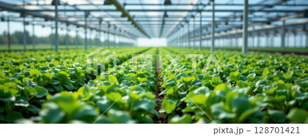 Fresh green crops grow in spacious greenhouse, showcasing vibrant layers of healthy plants under natural light 128701421