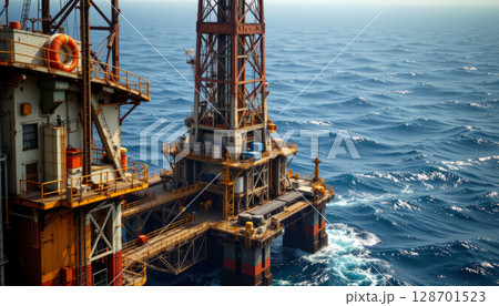 Oceanic drilling structure with layered platforms, surrounded by deep blue waves, showcasing industrial engineering 128701523