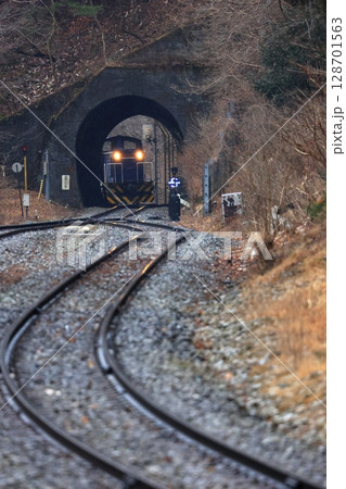 岩手開発鉄道　短いトンネルに顔を出した青いディーゼル機関車牽引の貨物列車 128701563