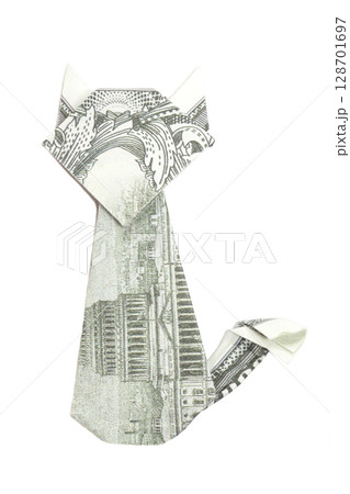Origami cat made of one hundred dollar banknote on white background 128701697