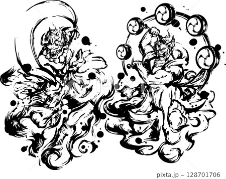 風神雷神の墨絵イラスト 128701706