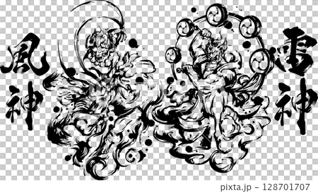 風神雷神の墨絵イラスト 128701707