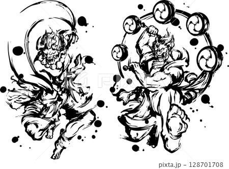 風神雷神の墨絵イラスト 128701708