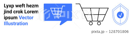 Shopping cart, dialogue bubble with shopping cart icon, and shield with check mark for security. Ideal for e-commerce, online shopping, digital marketing, website themes, business, commerce, customer 128701806