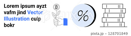 Hand holding plant with coin, percentage sign, and stacked books. Ideal for finance, education, growth, investment, banking, economics, business themes Landing page 128701849