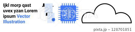 Text elements, a checklist with padlock, neural network on a chip, and cloud icon. Ideal for cybersecurity, AI, machine learning, cloud storage, data management, digital transformation, tech 128701851
